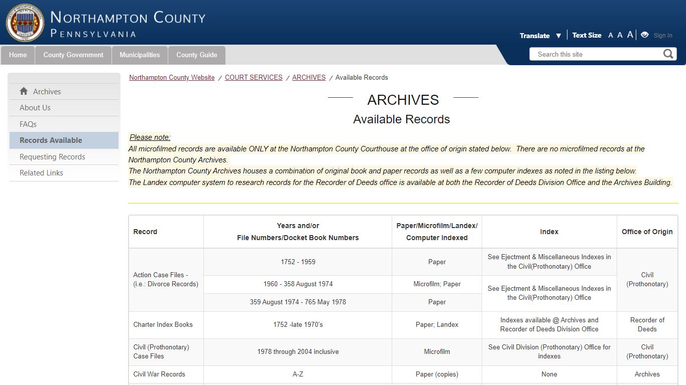 Available Records - Northampton County, Pennsylvania